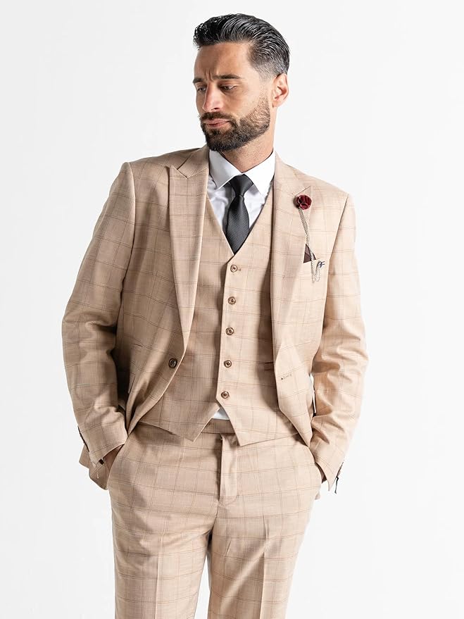 Buy Kensington Mens Cream Tailored Fit Brown Three Peace Suit - Weddings, Business Meetings, and Formal Occasions Suit Order Suit Online - The Tie Company