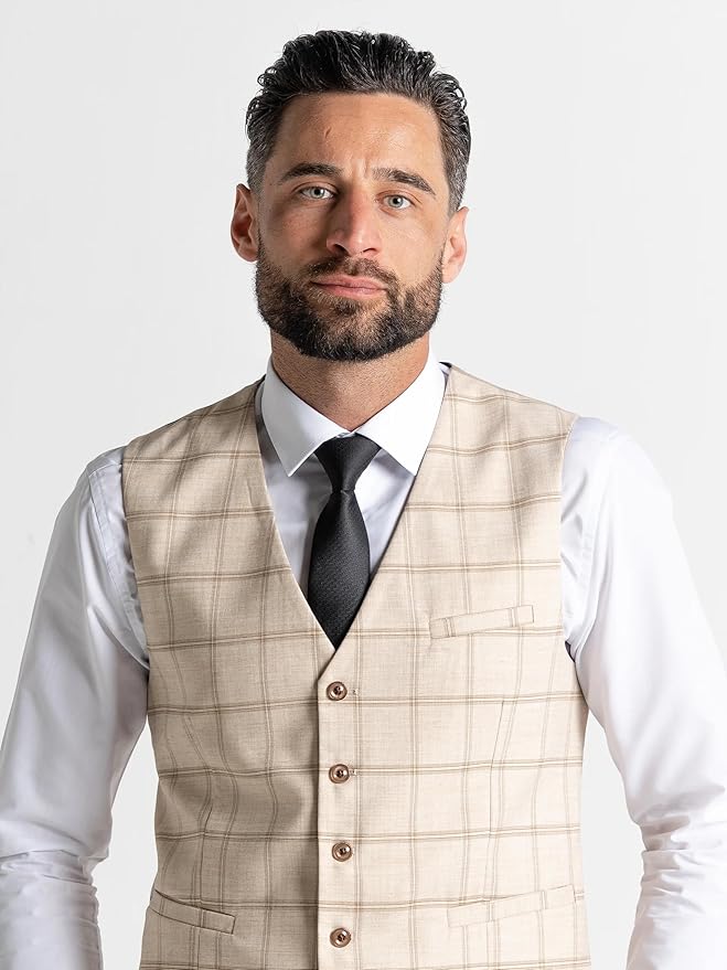 3-Piece Suit with Brown Checks - Tailored Fit Blazer, Matching Trousers & Single-Breasted Waistcoat-Oxford - The Tie Company