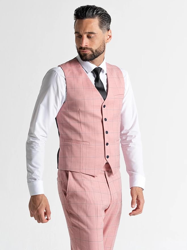 Pink with Black Checks 3-Piece Slim Fit Suit Blazer, Waistcoat & Baby Blue Trousers, Peak Lapel, 4-Button Cuffs, Complimentary Pocket Square - Oxford - The Tie Company