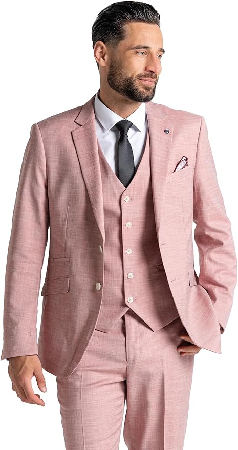 Pastel Pink Three Piece Suit - Slim Fit Blazer, Trousers & Waistcoat, Notch Lapel, Complimentary Pocket Square & Navy Blue Tie, Elegant Design - Edward - The Tie Company