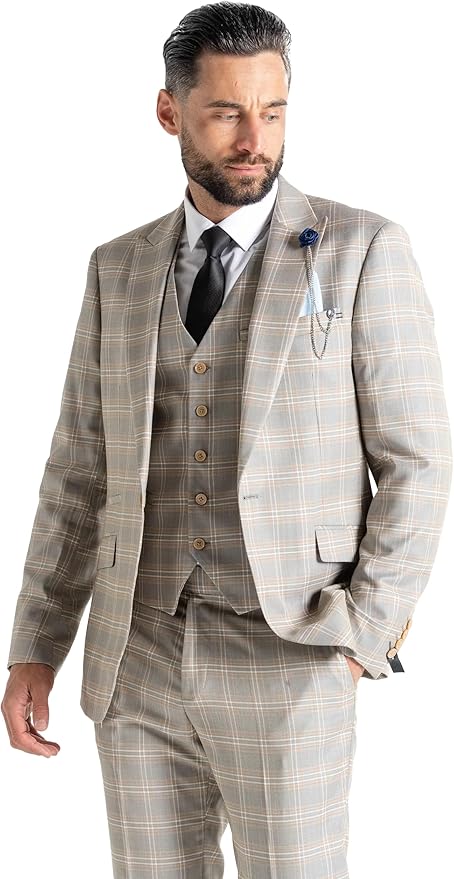 Light Grey Tweed Three Piece Suit – White and Caramel Check Tailored Fit Blazer, Waistcoat, and Trousers – Elegant Formalwear for Weddings and Special Occasions - The Tie Company