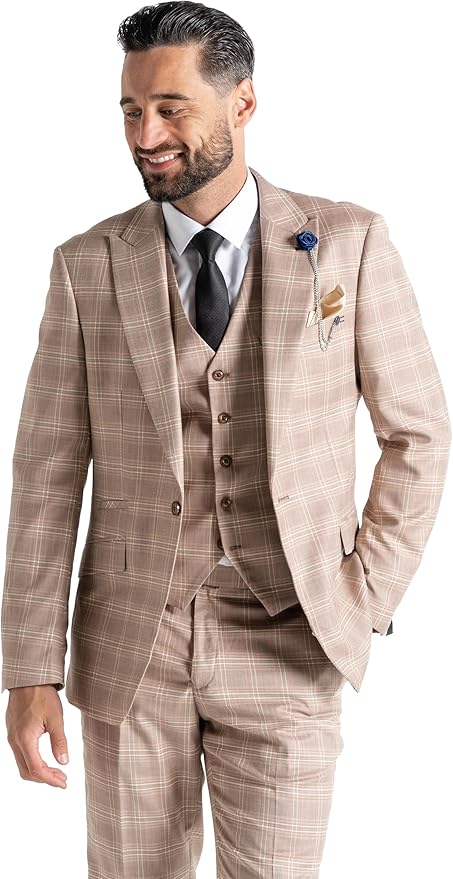 Fawn Tweed Three Piece Suit – White and Brown Check Tailored Fit Blazer, Waistcoat, and Trousers – Classic Vintage-Inspired Formalwear for Weddings and Events - The Tie Company