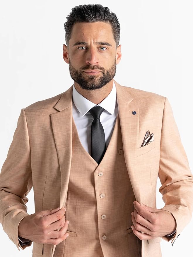 Peach Three Piece Suit - Slim Fit Blazer, Trousers & Waistcoat, Notch Lapel, Complimentary Pocket Square & Tie, Perfect for Weddings & Events - Edward - The Tie Company