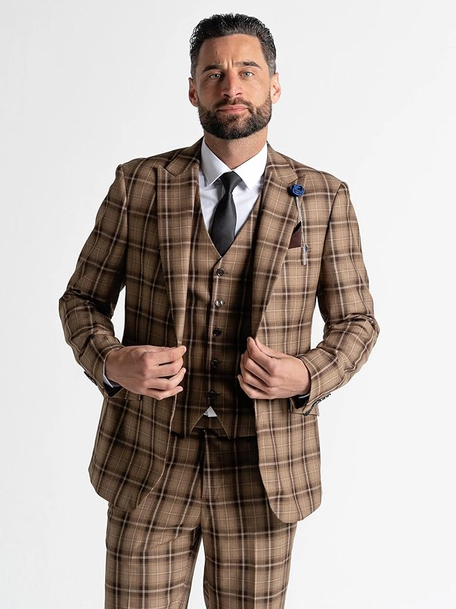 Coffee Tweed Three Piece Suit – Brown Check Tailored Fit Blazer, Waistcoat, and Trousers – Sophisticated Vintage-Inspired Formalwear for Weddings and Special Events - The Tie Company