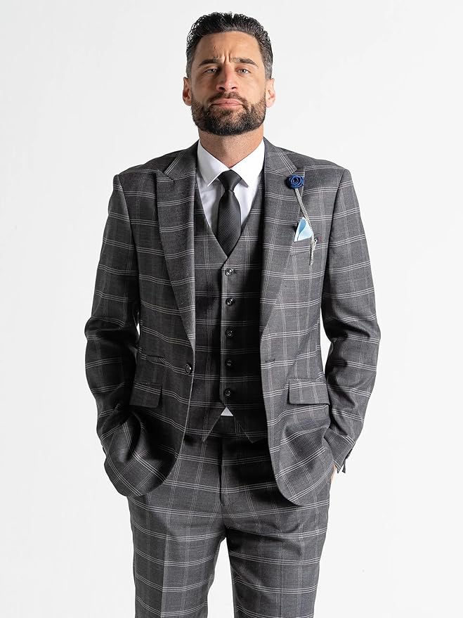 Grey Tweed Three Piece Suit – White Check Tailored Fit Blazer, Waistcoat, and Trousers – Elegant Vintage-Inspired Formalwear for Weddings and Special Occasions - The Tie Company