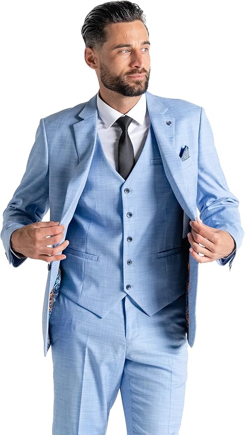 Azure Blue Three Piece Suit - Slim Fit Blazer, Trousers & Waistcoat, Notch Lapel, Complimentary Pocket Square, Ideal for Weddings & Formal Events - Henry - The Tie Company