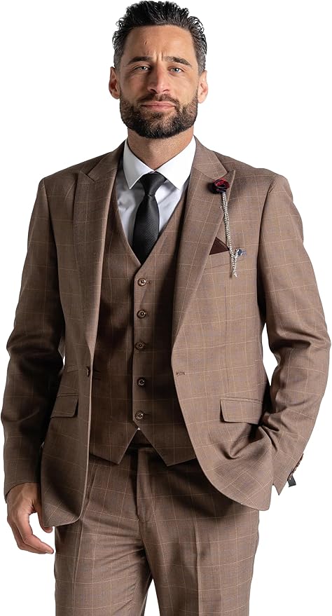 Brown Suit with White Checks – Slim Fit Three-Piece Set for Men with Waistcoat, Blazer, and Trousers – Elegant Formal Wear for Weddings, Business & Special Occasions - Oxford - The Tie Company
