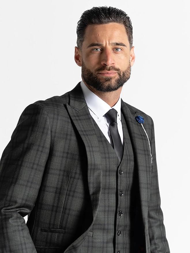 Dark Green Tweed Three Piece Suit – Black Check Tailored Fit Blazer, Waistcoat, and Trousers – Elegant Vintage-Inspired Formalwear for Weddings and Events - The Tie Company
