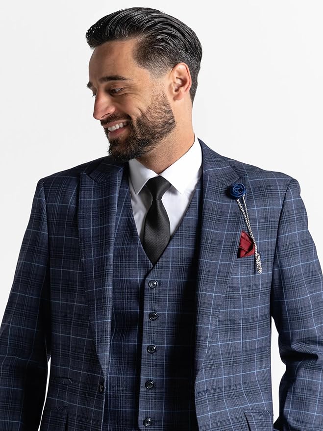 Submarine Blue Tweed Three Piece Suit – Light Blue Check Tailored Fit Blazer, Waistcoat, and Trousers – Elegant Formalwear for Weddings and Special Occasions - The Tie Company