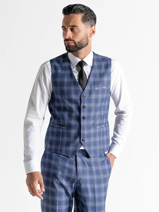 Royal Blue Tweed Three Piece Suit – Sky Blue Check Tailored Fit Blazer, Waistcoat, and Trousers – Stylish Formalwear for Weddings and Special Occasions Search this page - The Tie Company