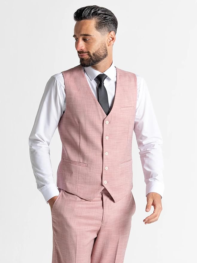 Pastel Pink Three Piece Suit - Slim Fit Blazer, Trousers & Waistcoat, Notch Lapel, Complimentary Pocket Square & Navy Blue Tie, Elegant Design - Edward - The Tie Company