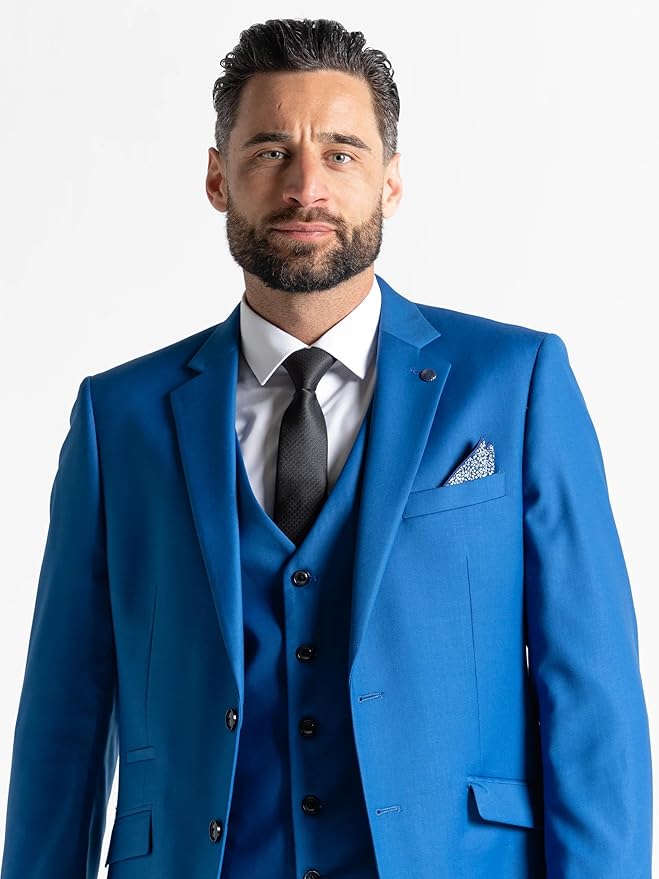 Cool Blue Three Piece Suit - Slim Fit Blazer, Trousers & Waistcoat, Notch Lapel, Complimentary Pocket Square & Tie, Ideal for Formal Occasions - Haris - The Tie Company