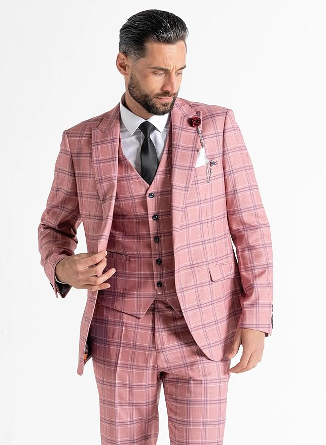 Buy Mens Kensington Rose Pink Tailored Fit Wool Blend Three Peace Checks Suit – Weddings, Business Meetings, and Formal Occasions suit Order Suit online Now - The Tie Company