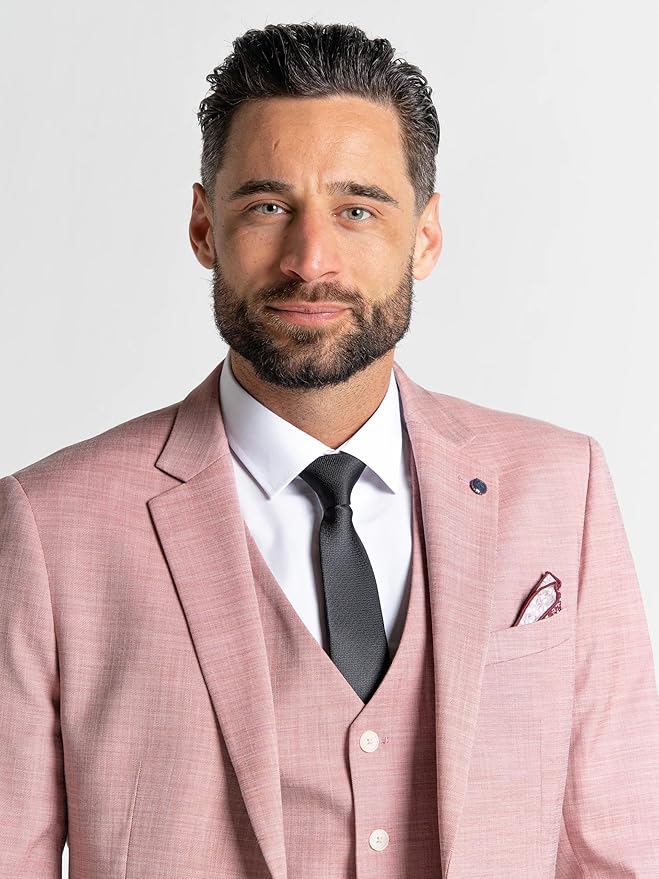 Pastel Pink Three Piece Suit - Slim Fit Blazer, Trousers & Waistcoat, Notch Lapel, Complimentary Pocket Square & Navy Blue Tie, Elegant Design - Edward - The Tie Company