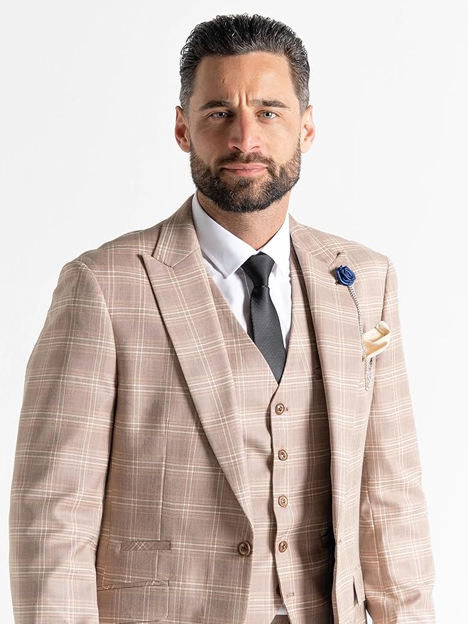 Fawn Tweed Three Piece Suit – White and Brown Check Tailored Fit Blazer, Waistcoat, and Trousers – Classic Vintage-Inspired Formalwear for Weddings and Events - The Tie Company