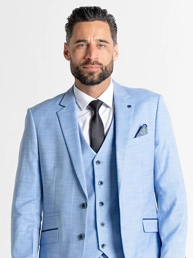Azure Blue Three Piece Suit - Slim Fit Blazer, Trousers & Waistcoat, Notch Lapel, Complimentary Pocket Square, Ideal for Weddings & Formal Events - Henry - The Tie Company