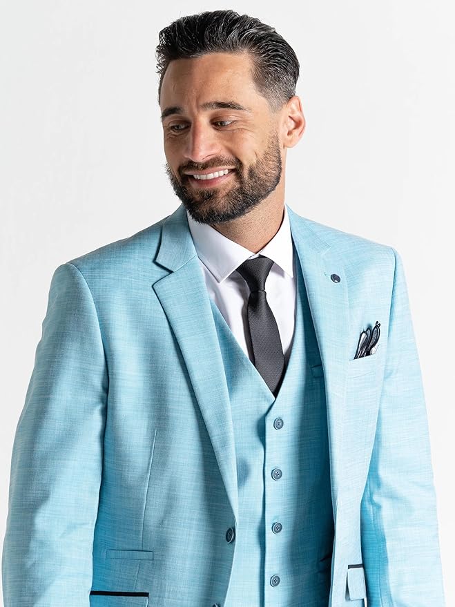 Aqua Three Piece Suit - Slim Fit Blazer, Trousers & Waistcoat, Notch Lapel, Complimentary Pocket Square, Ideal for Weddings & Formal Events - Henry - The Tie Company
