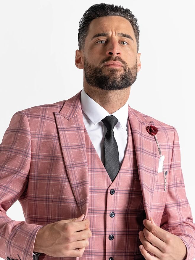 Buy Mens Kensington Rose Pink Tailored Fit Wool Blend Three Peace Checks Suit – Weddings, Business Meetings, and Formal Occasions suit Order Suit online Now - The Tie Company