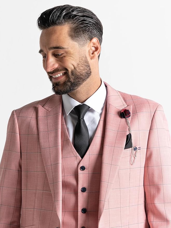 Pink with Black Checks 3-Piece Slim Fit Suit Blazer, Waistcoat & Baby Blue Trousers, Peak Lapel, 4-Button Cuffs, Complimentary Pocket Square - Oxford - The Tie Company