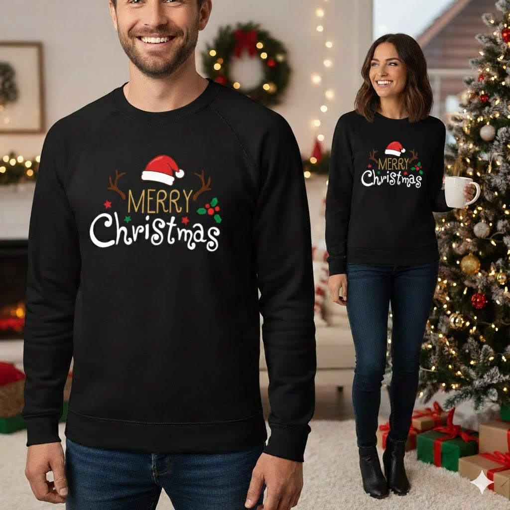 Merry Christmas with Santa Hat and Antlers – Black Sweatshirt