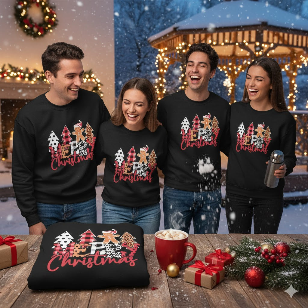 Patterned “MERRY Christmas” Gingerbread Design Black Pullover Sweatshirt