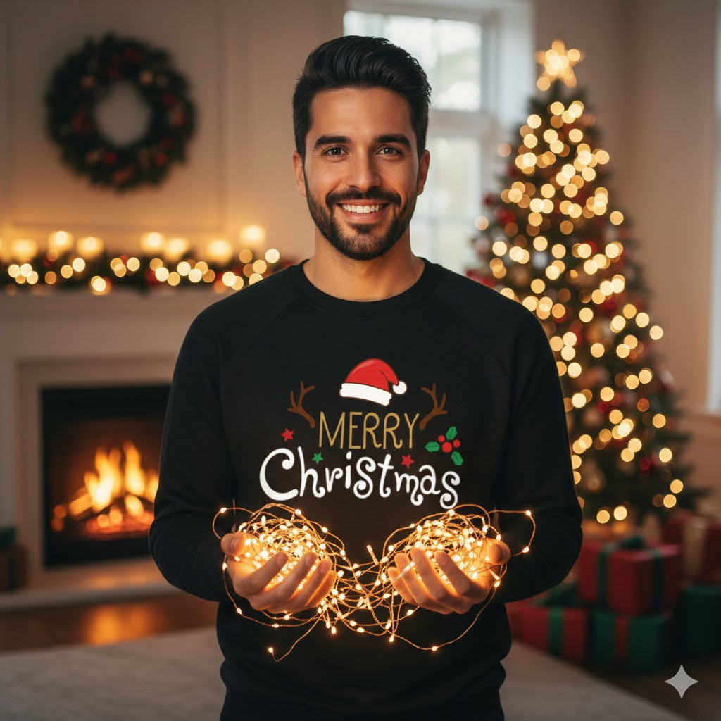 Merry Christmas with Santa Hat and Antlers – Black Sweatshirt