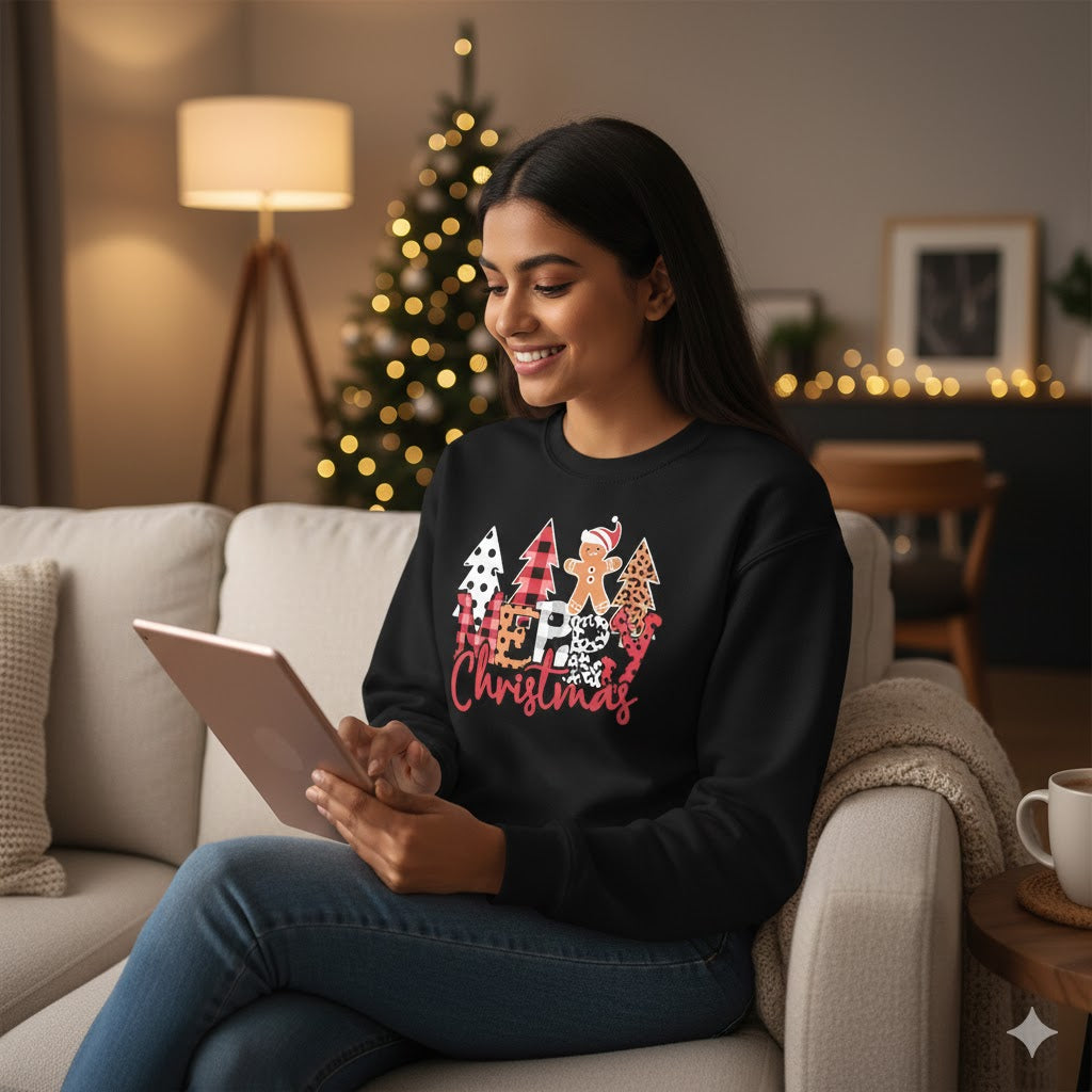 Patterned “MERRY Christmas” Gingerbread Design Black Pullover Sweatshirt