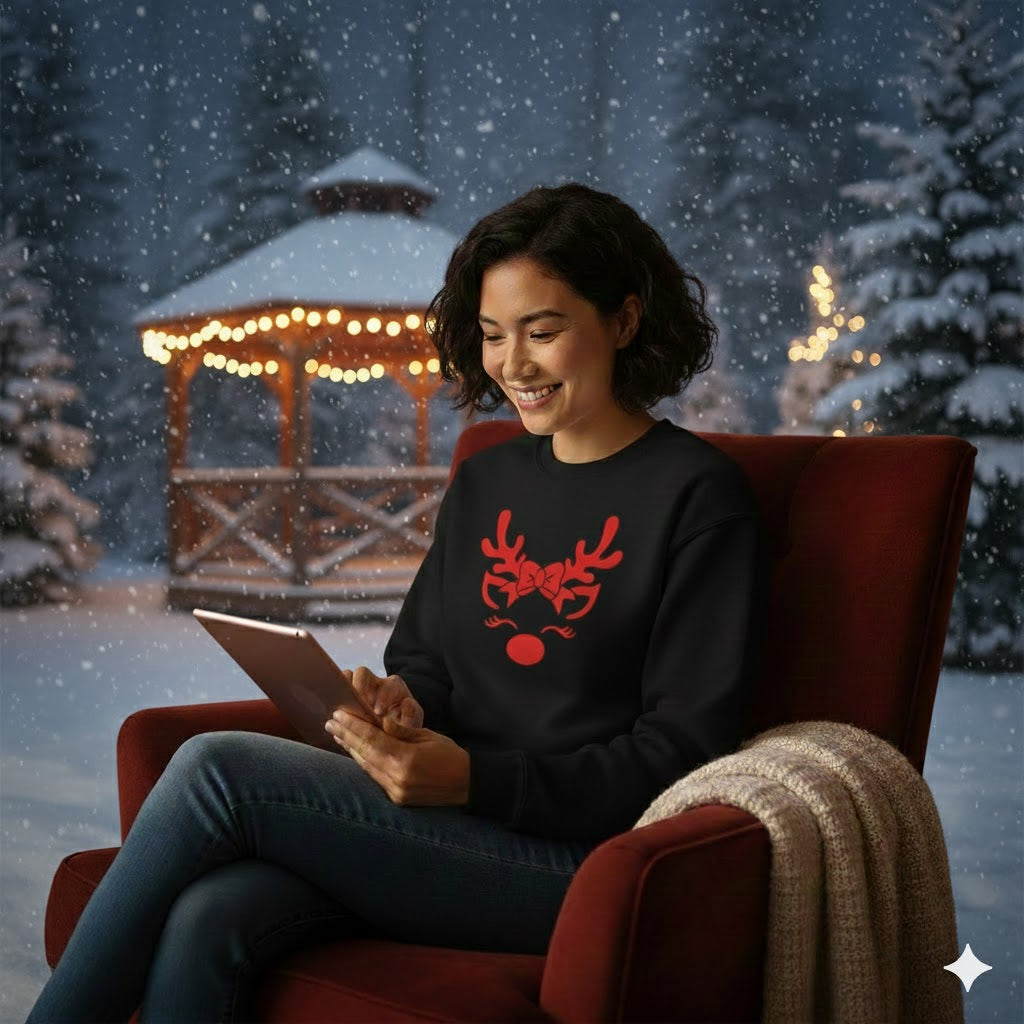 Adorable Reindeer Face with Bow (Reindeer Girl) – Black Sweatshirt