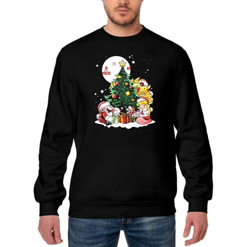 Black Super Mario Christmas Sweatshirt – Mario, Peach & Bowser Christmas Tree Festive Jumper