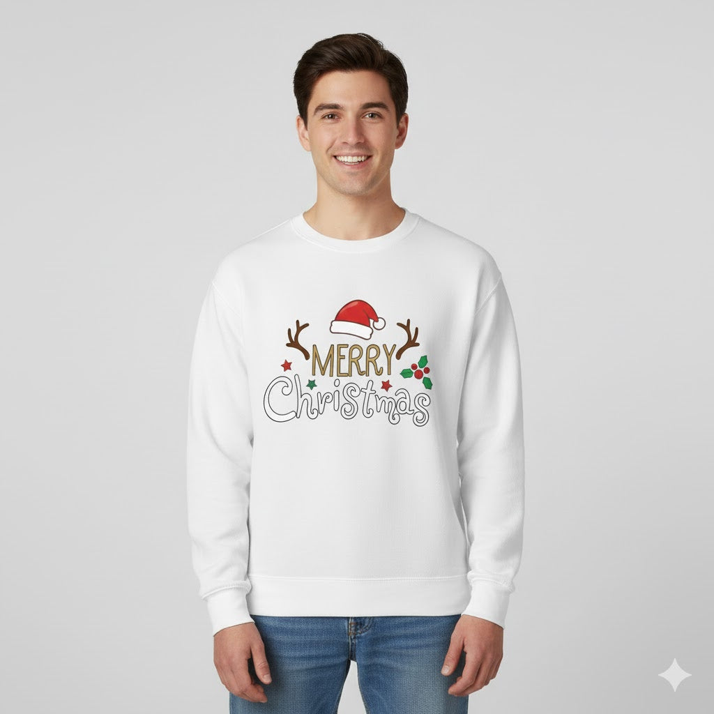 White “Merry Christmas” Sweatshirt with Santa Hat & Antlers
