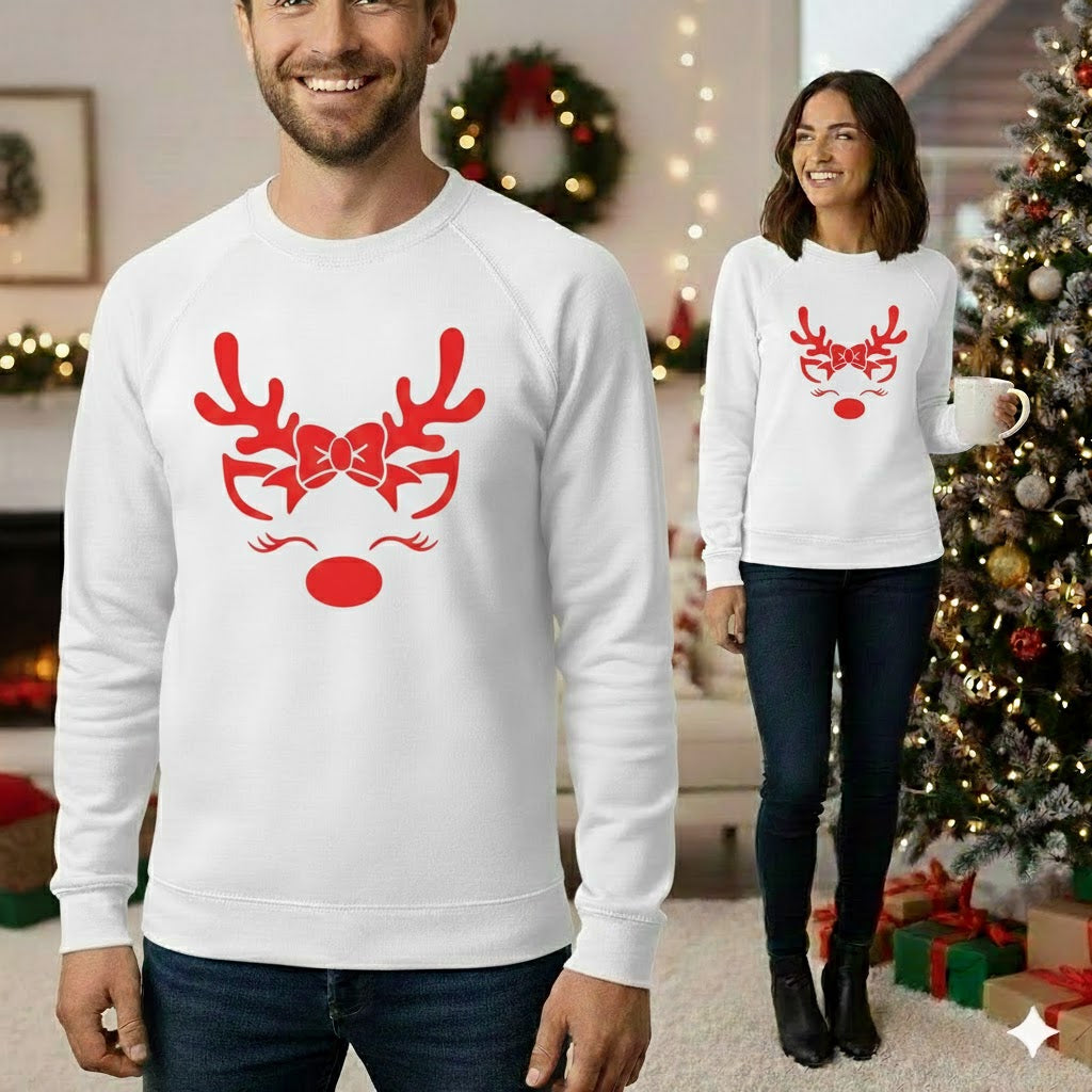 Adorable Reindeer Face with Bow (Reindeer Girl) – White Sweatshirt