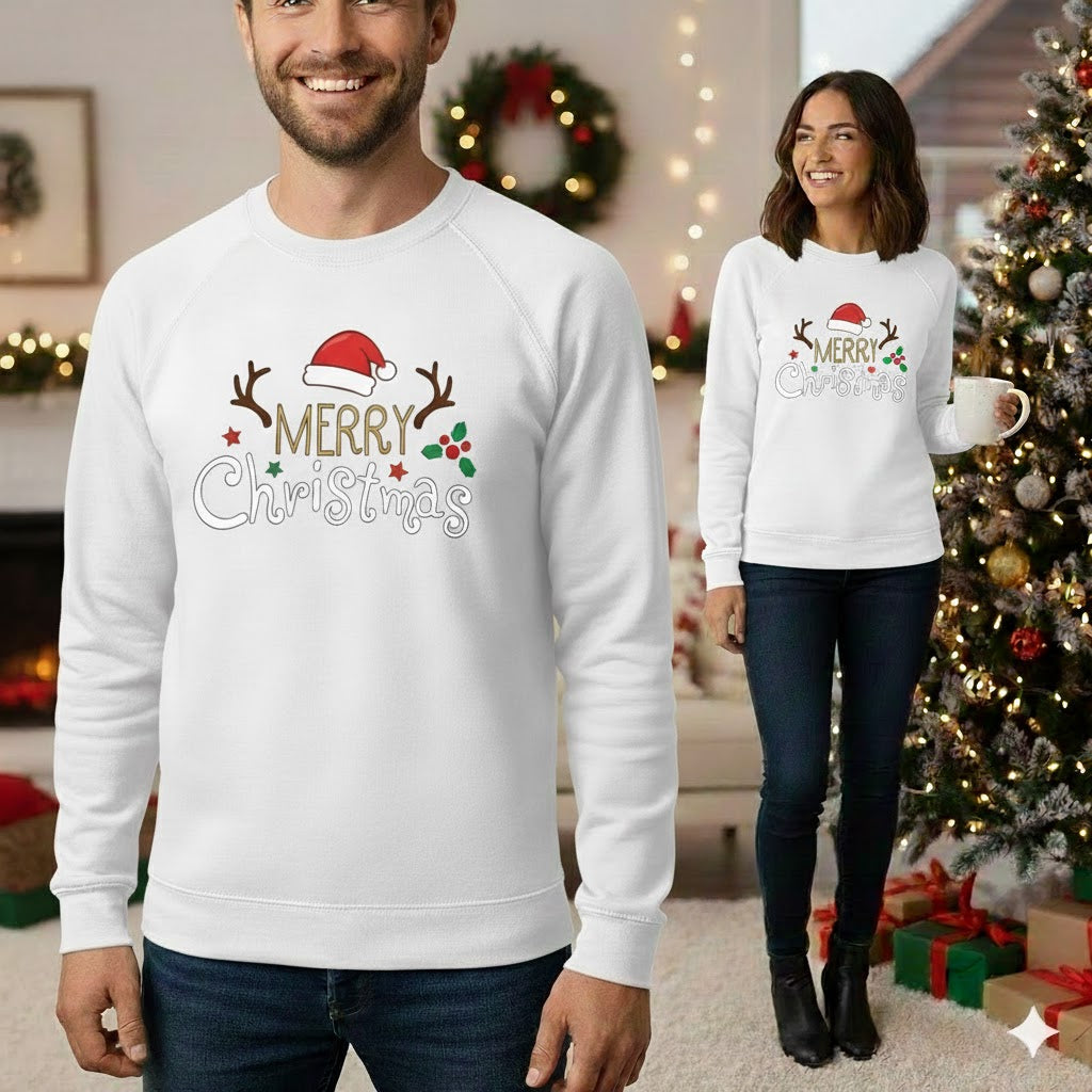 White “Merry Christmas” Sweatshirt with Santa Hat & Antlers