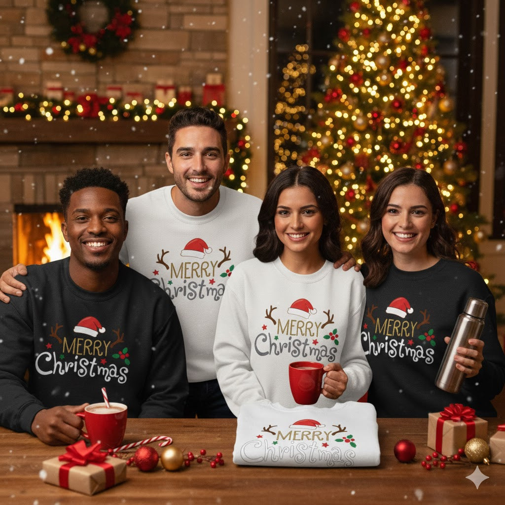 White “Merry Christmas” Sweatshirt with Santa Hat & Antlers