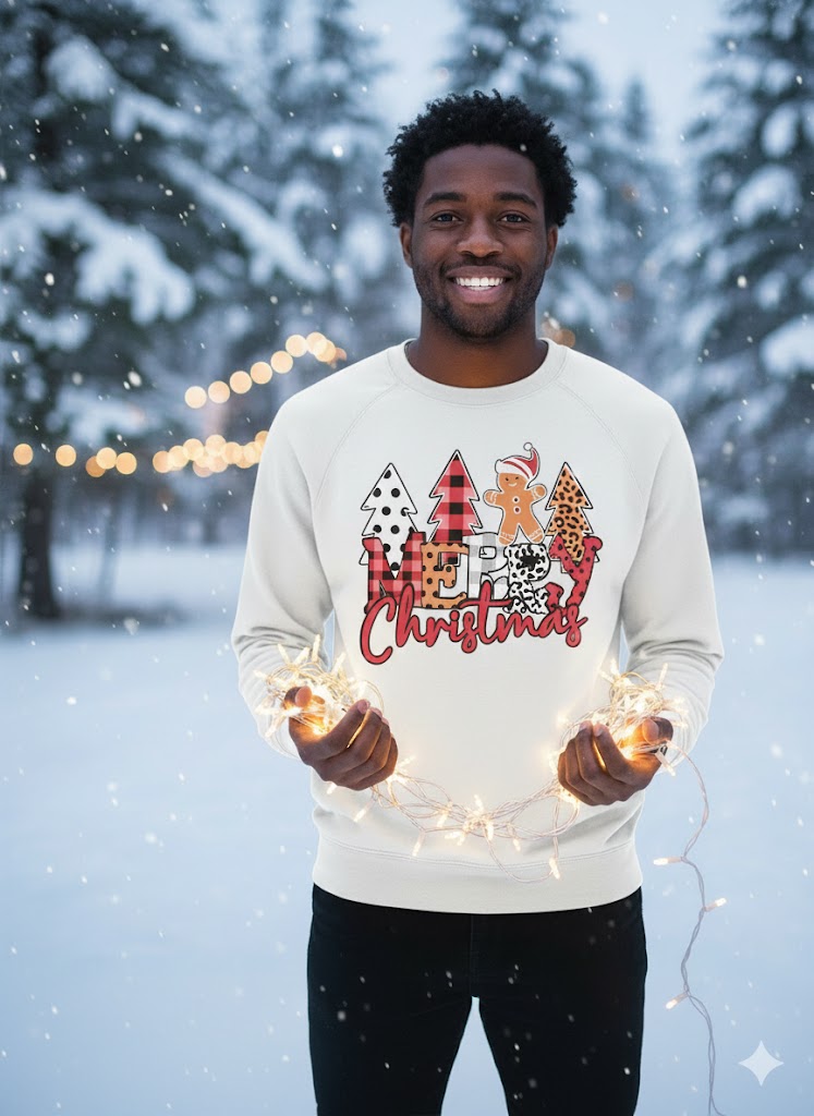 White Christmas Pullover Sweatshirt with Gingerbread “MERRY Christmas” Pattern