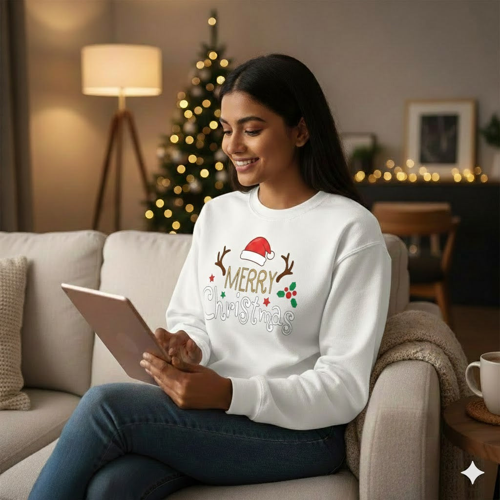 White “Merry Christmas” Sweatshirt with Santa Hat & Antlers
