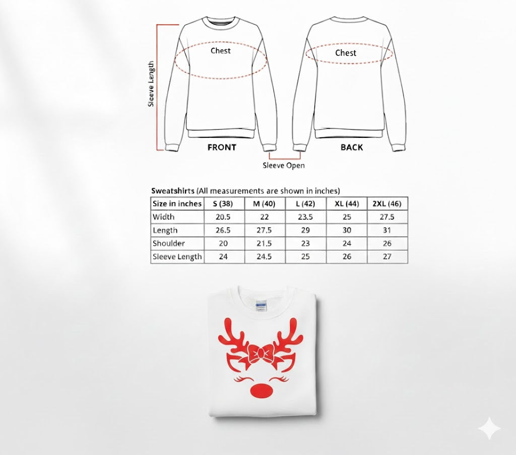 Adorable Reindeer Face with Bow (Reindeer Girl) – White Sweatshirt