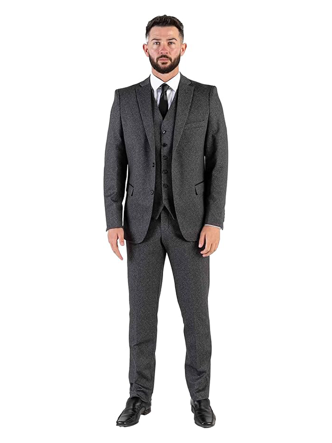 Men’s Dark Grey Herringbone 3-Piece Tailored Fit Suit