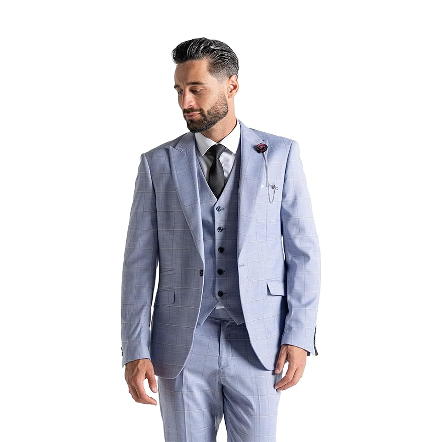 Oxford Men’s Baby Blue & Brown Checked 3-Piece Slim Fit Suit