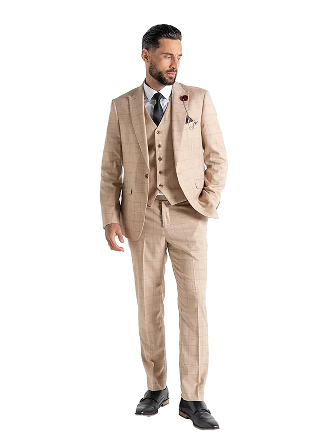 Kensington Men’s Cream & Brown 3-Piece Tailored Fit Suit