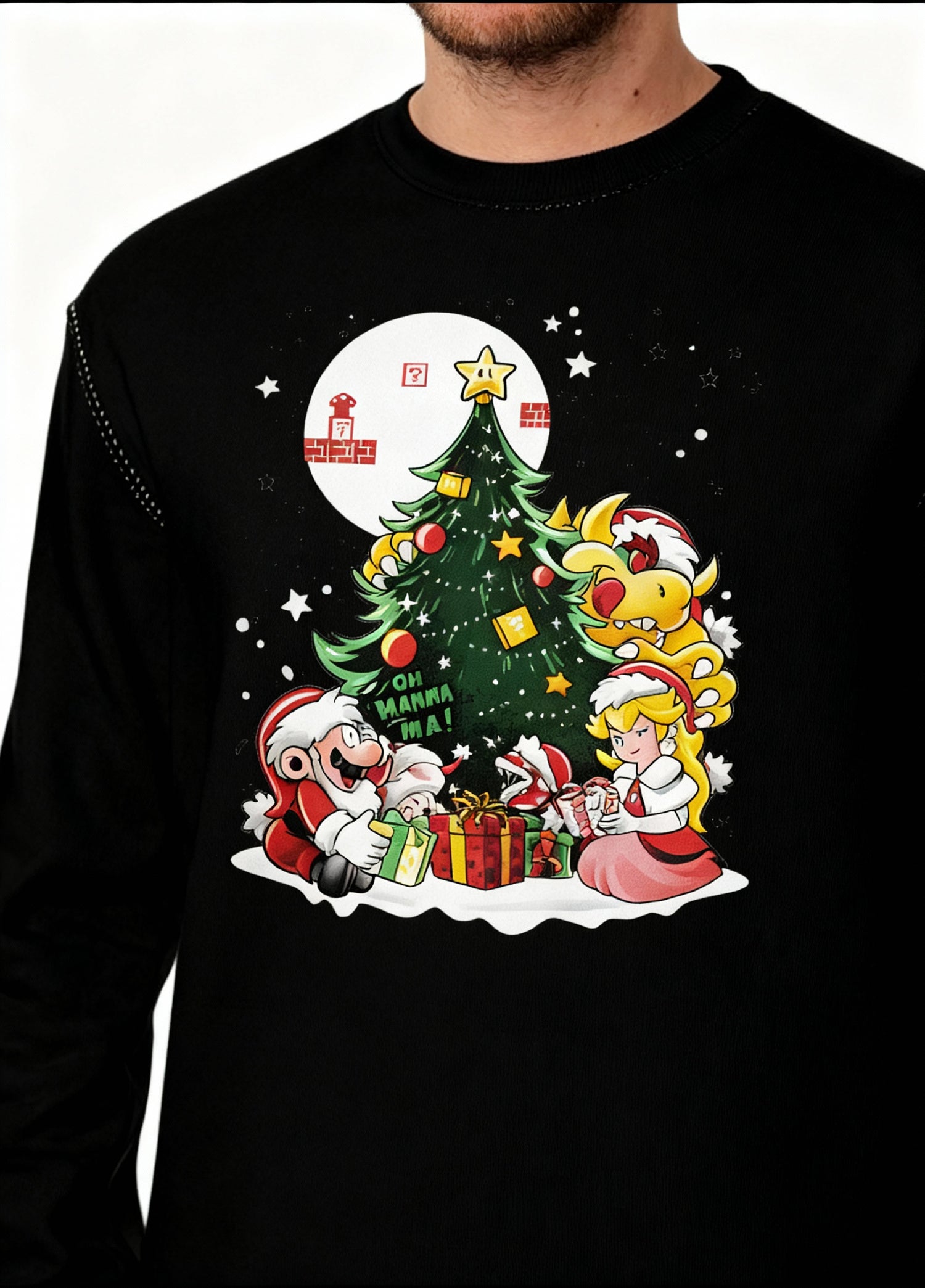 Black Super Mario Christmas Sweatshirt – Mario, Peach &amp; Bowser Christmas Tree Festive Jumper