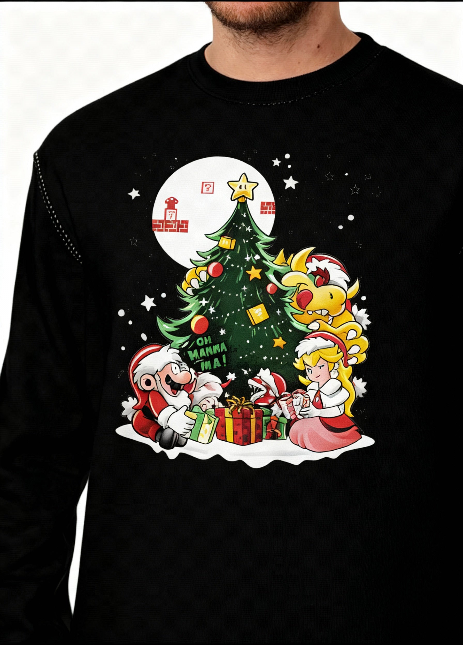 Black Super Mario Christmas Sweatshirt – Mario, Peach &amp; Bowser Christmas Tree Festive Jumper