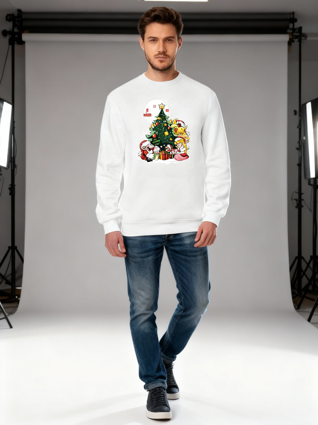 White Super Mario Christmas Sweatshirt – Mario, Peach &amp; Bowser Christmas Tree Festive Holiday Jumper