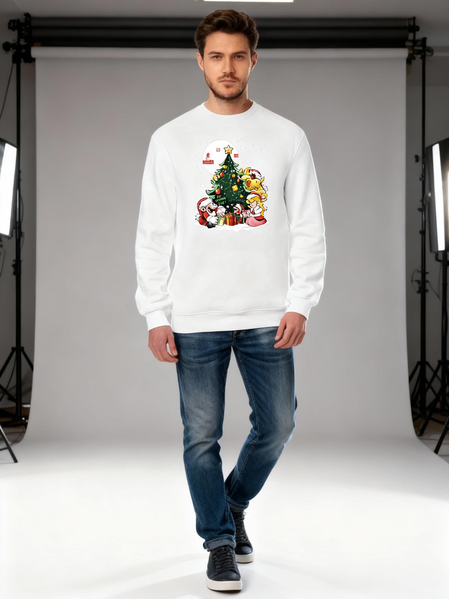 White Super Mario Christmas Sweatshirt – Mario, Peach &amp; Bowser Christmas Tree Festive Holiday Jumper