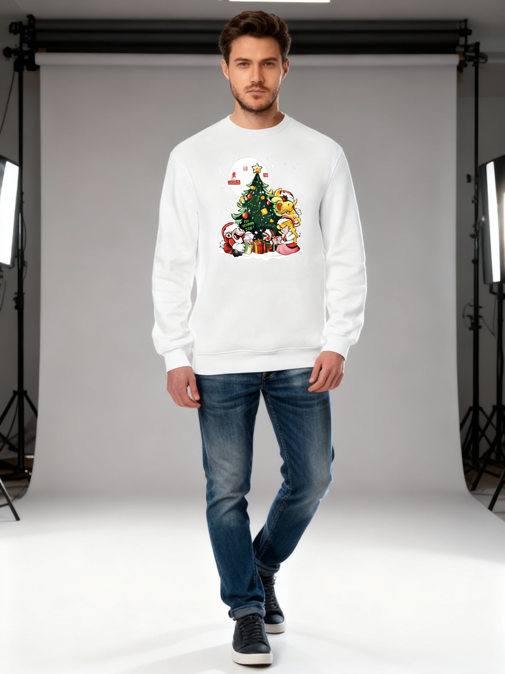 White Super Mario Christmas Sweatshirt – Mario, Peach &amp; Bowser Christmas Tree Festive Holiday Jumper