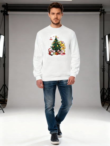 White Super Mario Christmas Sweatshirt – Mario, Peach &amp; Bowser Christmas Tree Festive Holiday Jumper