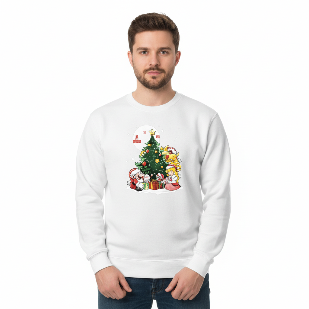 White Super Mario Christmas Sweatshirt – Mario, Peach &amp; Bowser Christmas Tree Festive Holiday Jumper