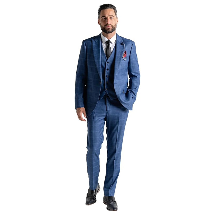 Deep Blue Tweed Light Blue Checked 3-Piece Suit for Men