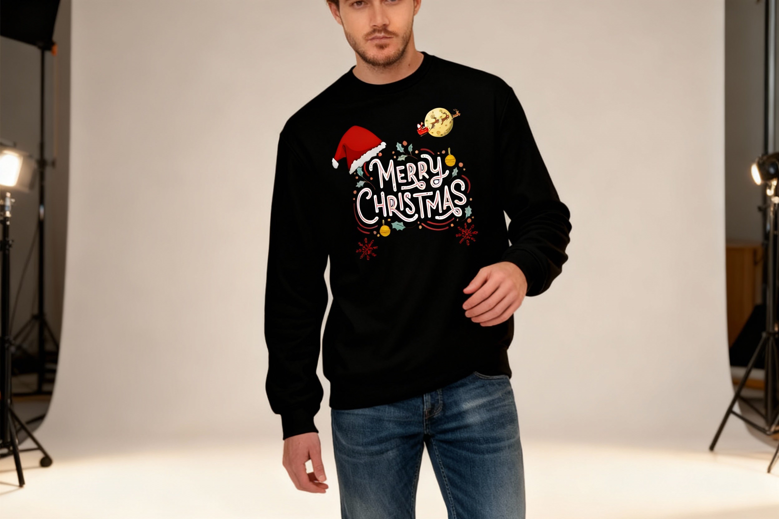 Whimsical Hand-Drawn “Merry Christmas” Typography Sweatshirt - Black