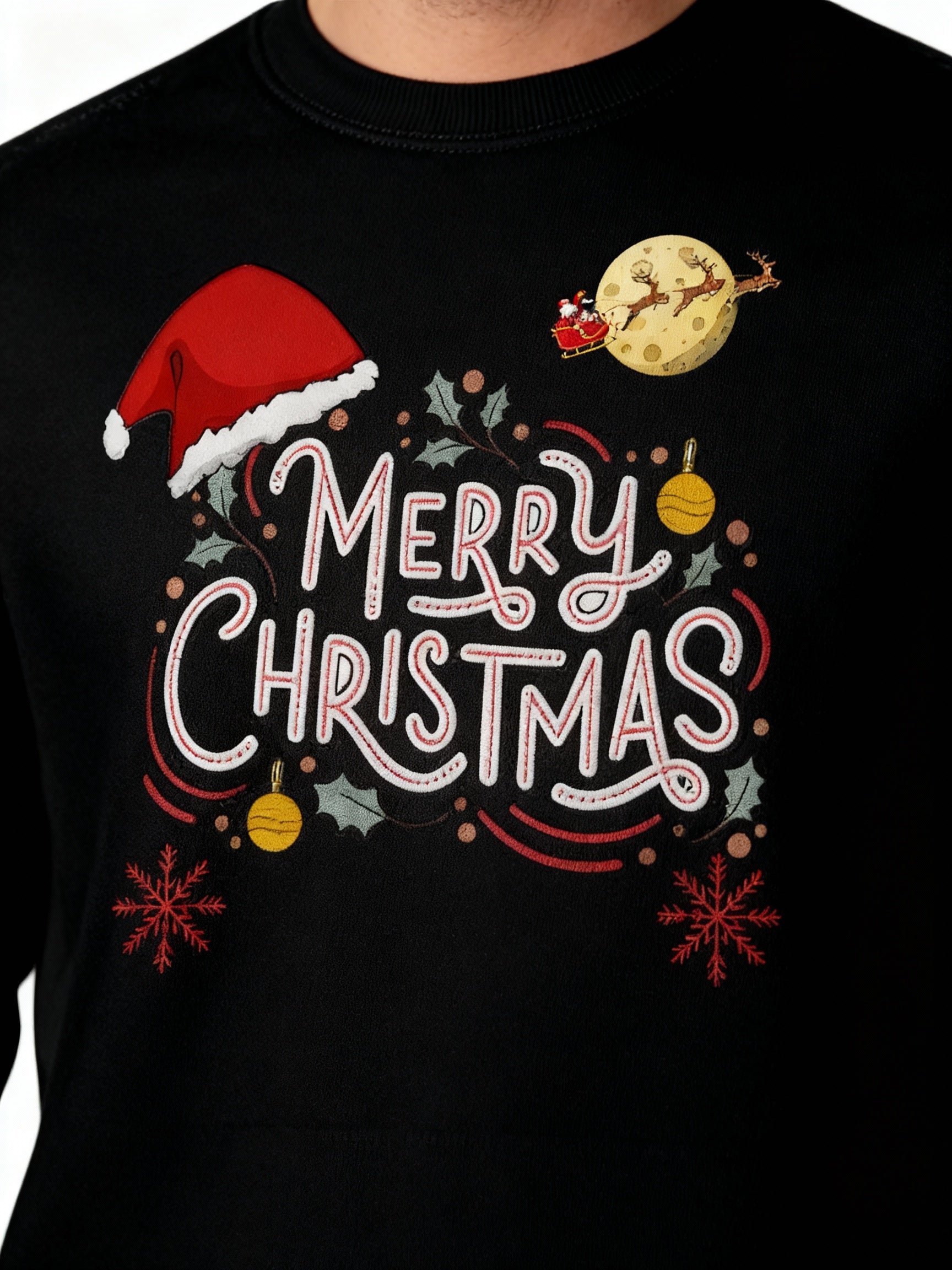 Whimsical Hand-Drawn “Merry Christmas” Typography Sweatshirt - Black