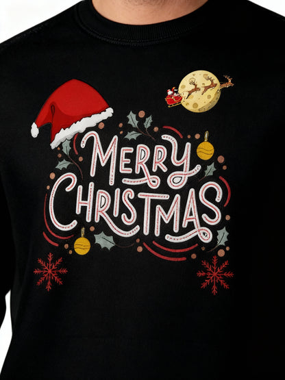 Whimsical Hand-Drawn “Merry Christmas” Typography Sweatshirt - Black